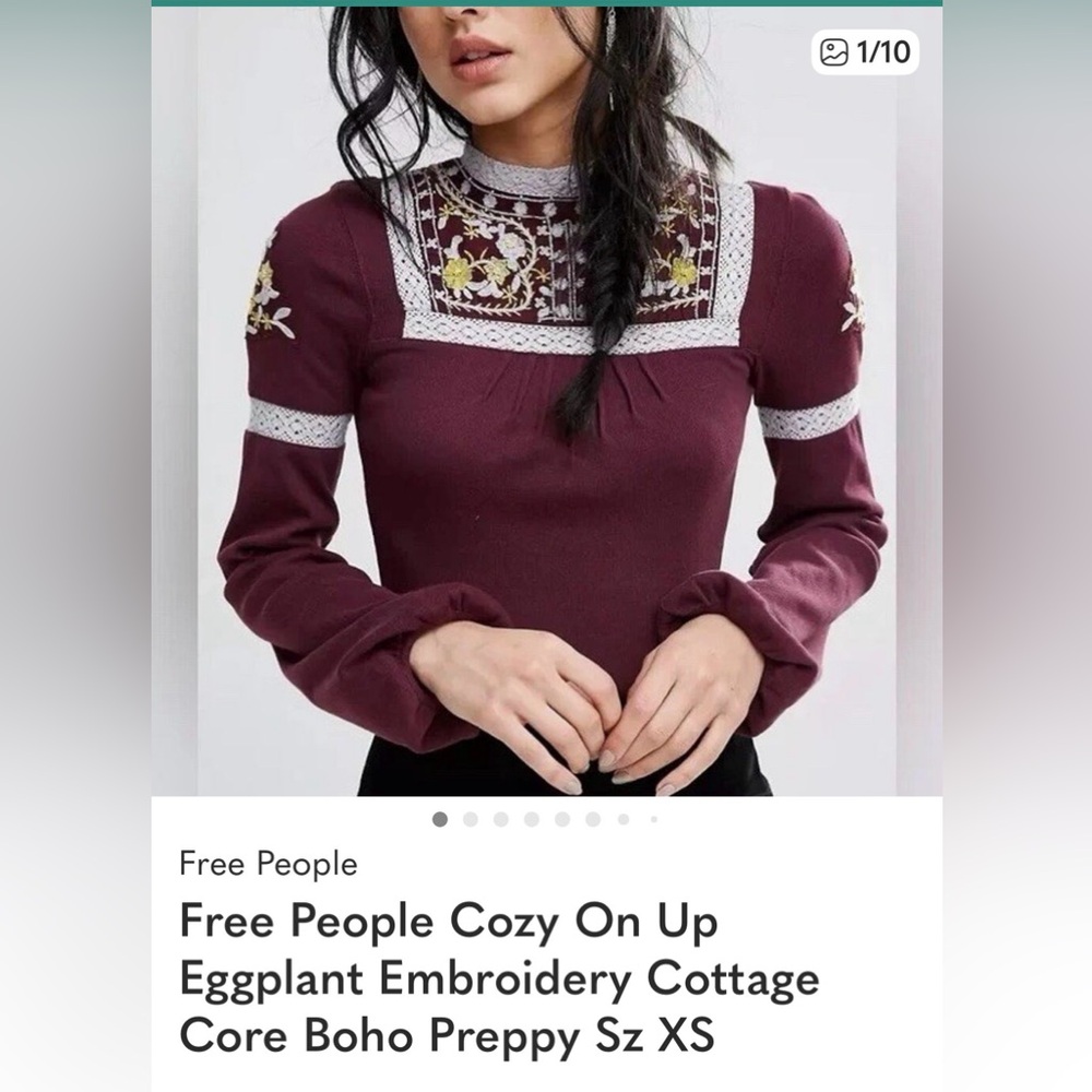 Free People Cozy On Up Eggplant Embroidered Cottage Core Top Blouse